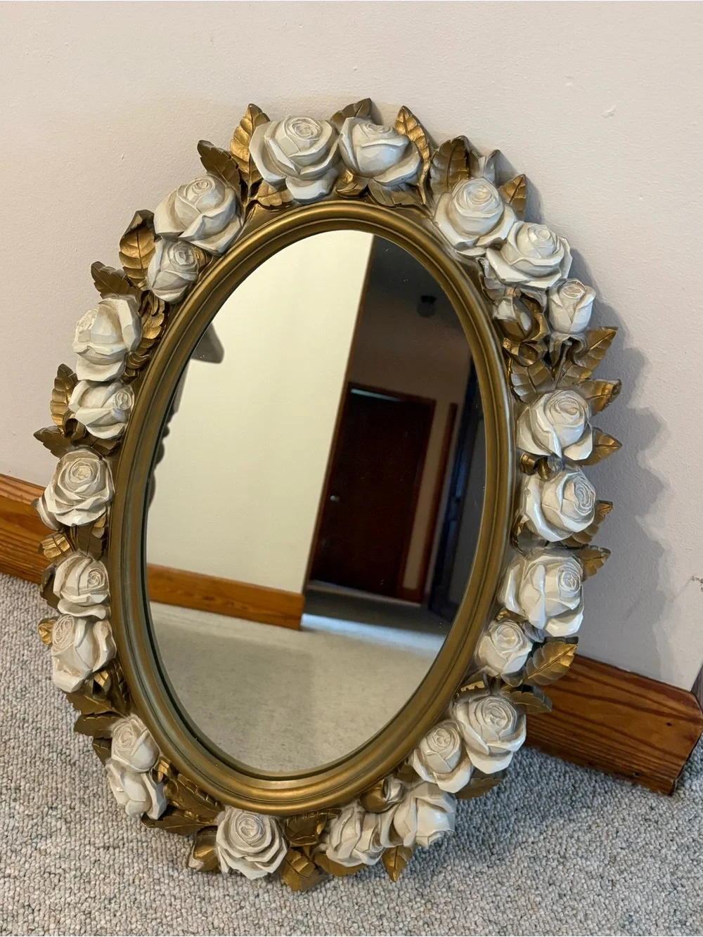 Vintage Gold and White Rose Oval Wall Mirror